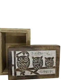India Three Wise Owl Whitewashed Wood Box - India