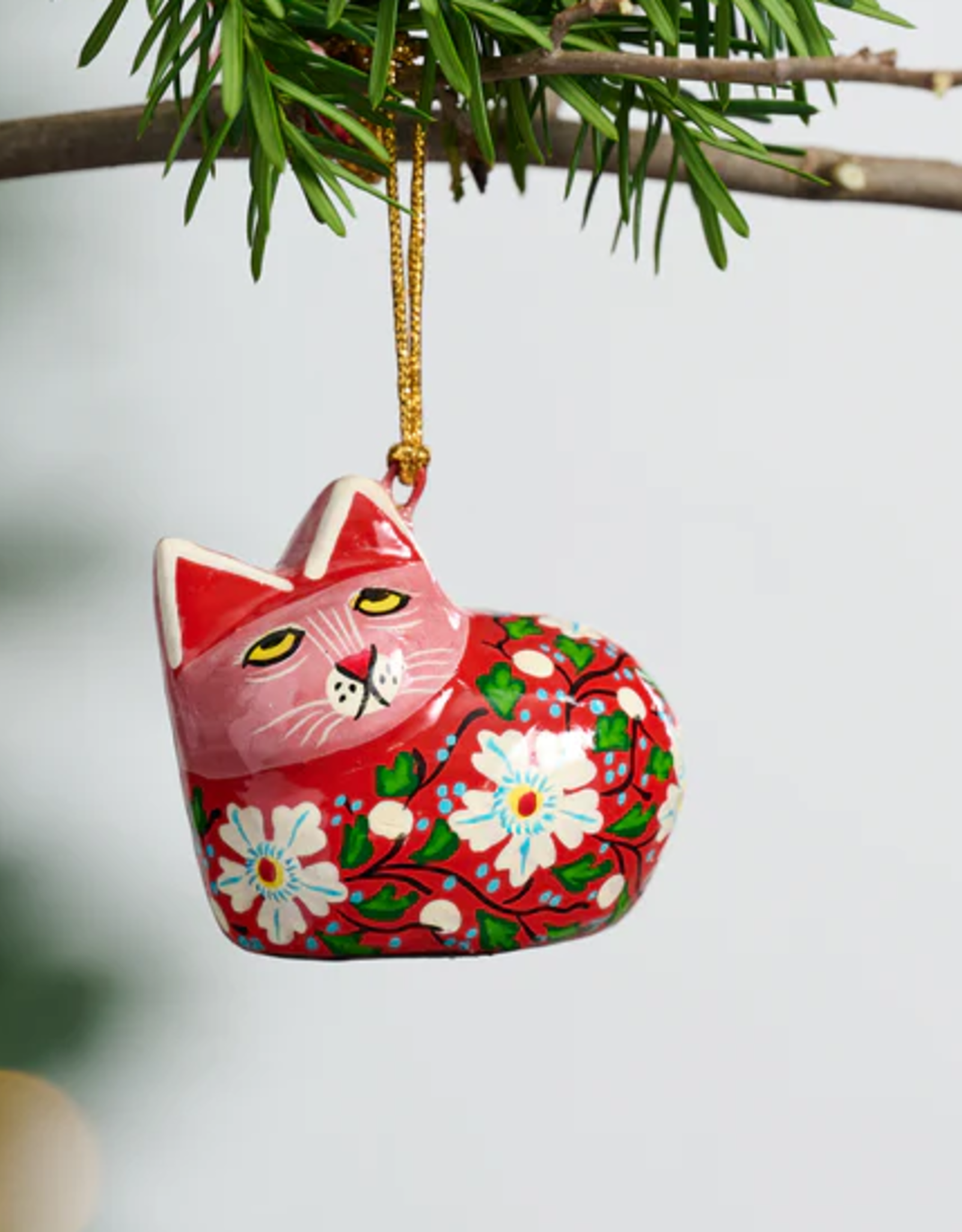 India Ornament Painted Floral Cat Paper Mache