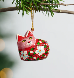 India Ornament Painted Floral Cat Paper Mache
