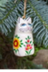 India Ornament Cat Sitting Kashmiri Cream Pink Flowers Handpainted - India