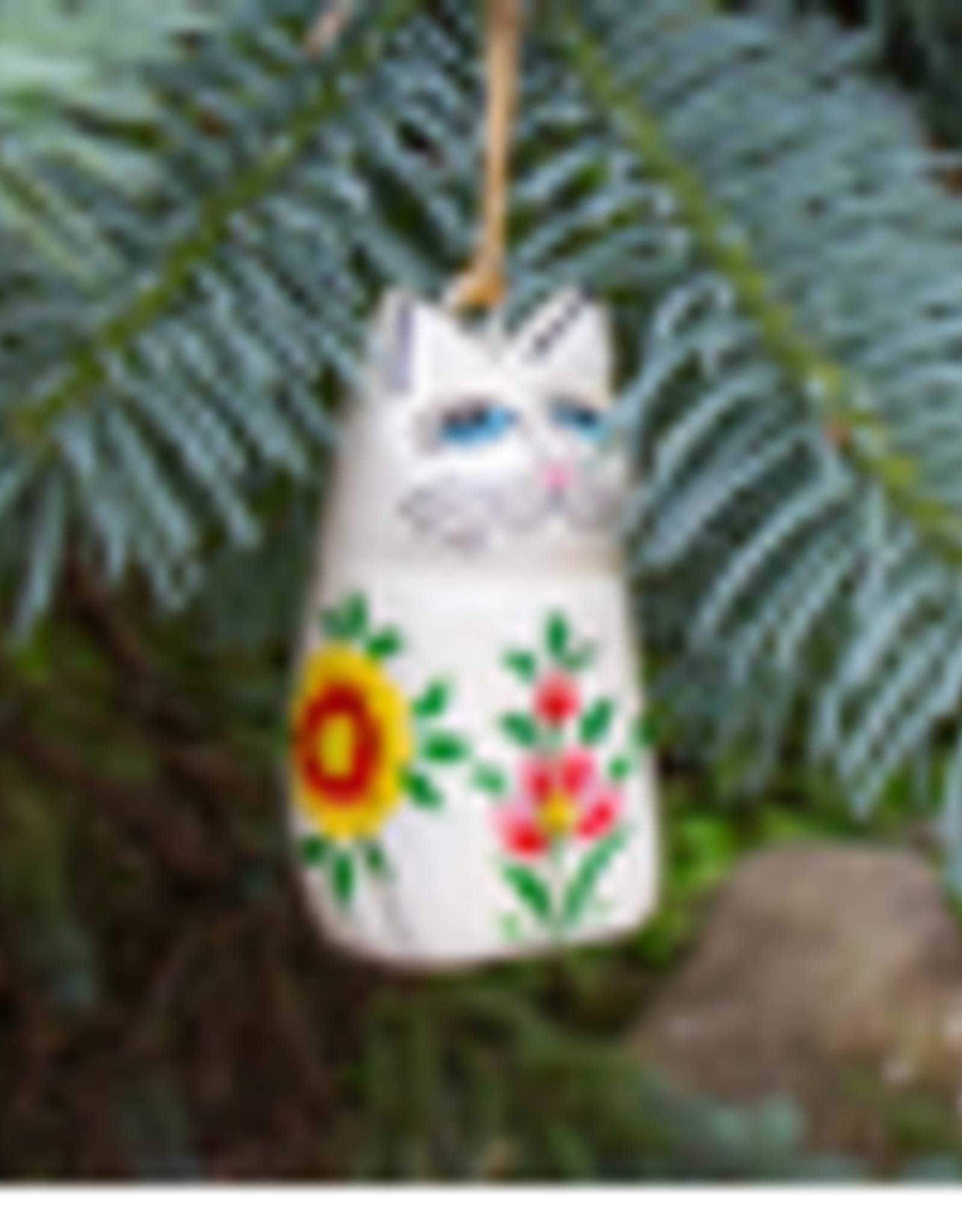 India Ornament Cat Sitting Kashmiri Cream Pink Flowers Handpainted - India