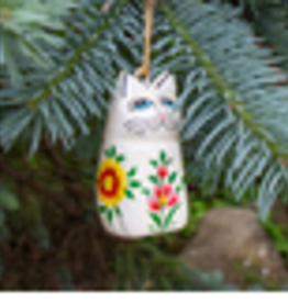 India Ornament Cat Sitting Kashmiri Cream Pink Flowers Handpainted - India