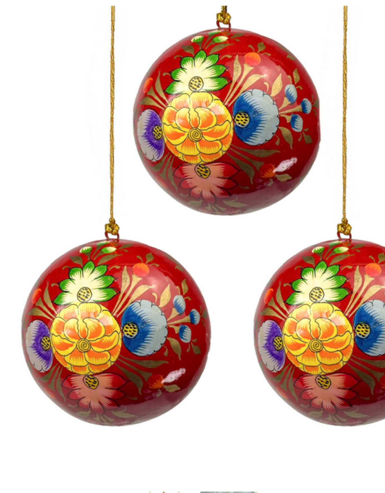 India Ornament Red with Exploding Flowers Handpainted - India