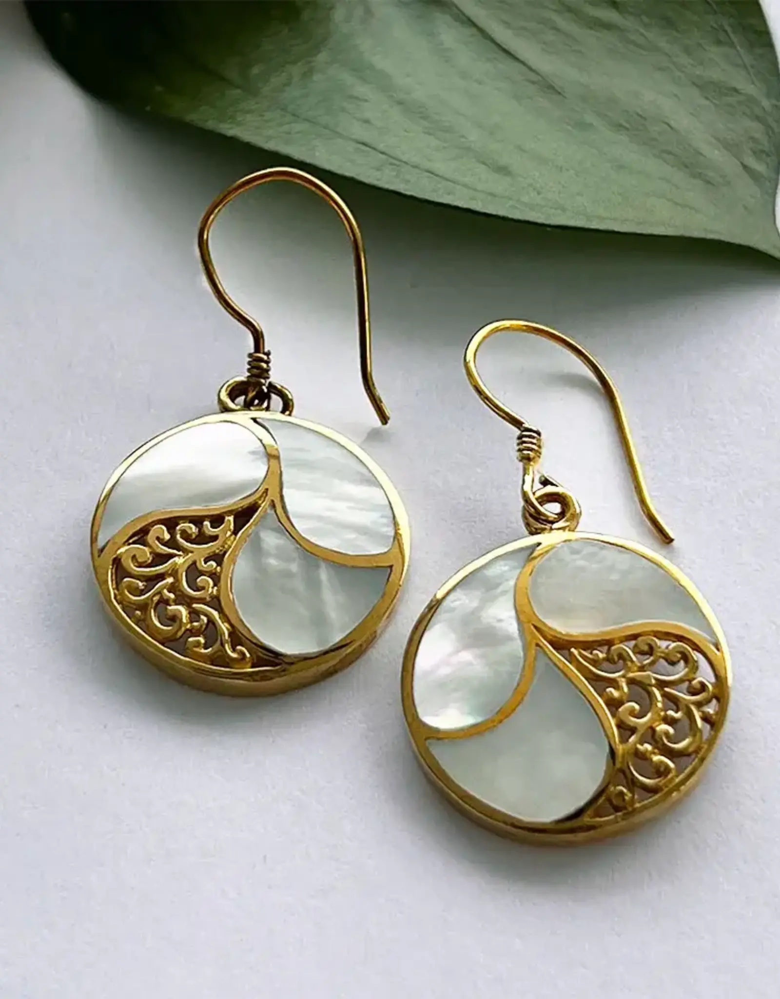 Indonesia Earrings Mother of Pearl Filigree Brass - Indonesia