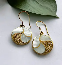 Indonesia Earrings Mother of Pearl Filigree Brass - Indonesia