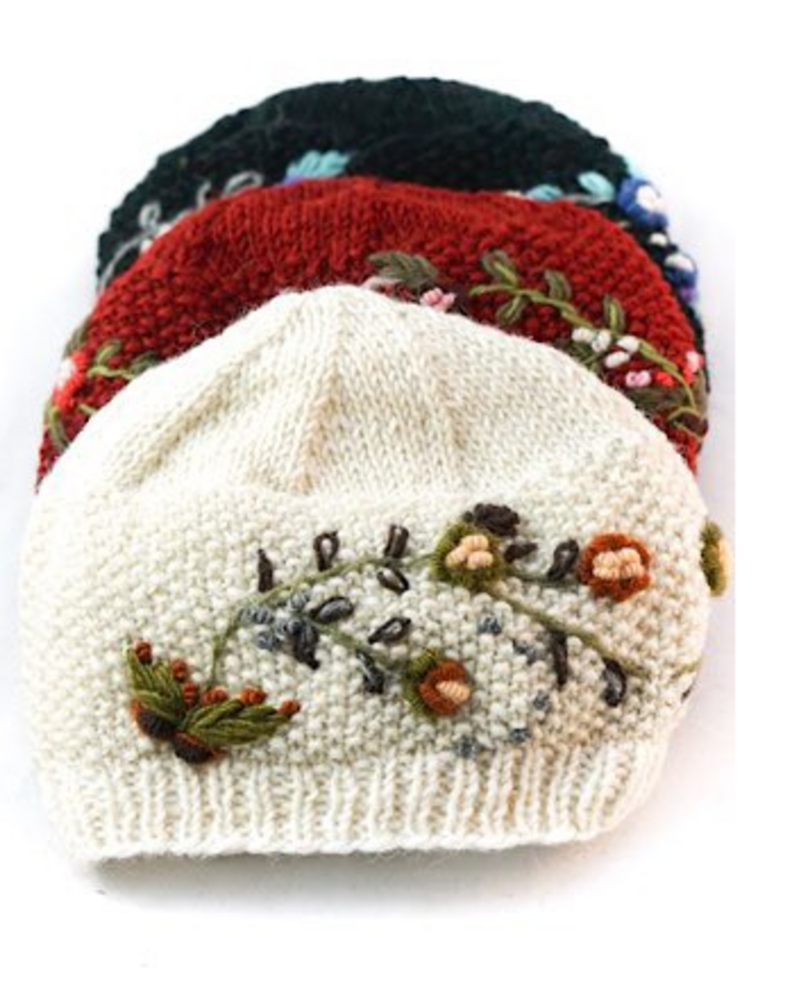 Nepal Beanie Wool Fully Lined with Embroided Assorted Flowers - Nepal