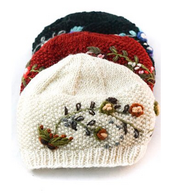 Nepal Beanie Wool Fully Lined with Embroided Assorted Flowers - Nepal