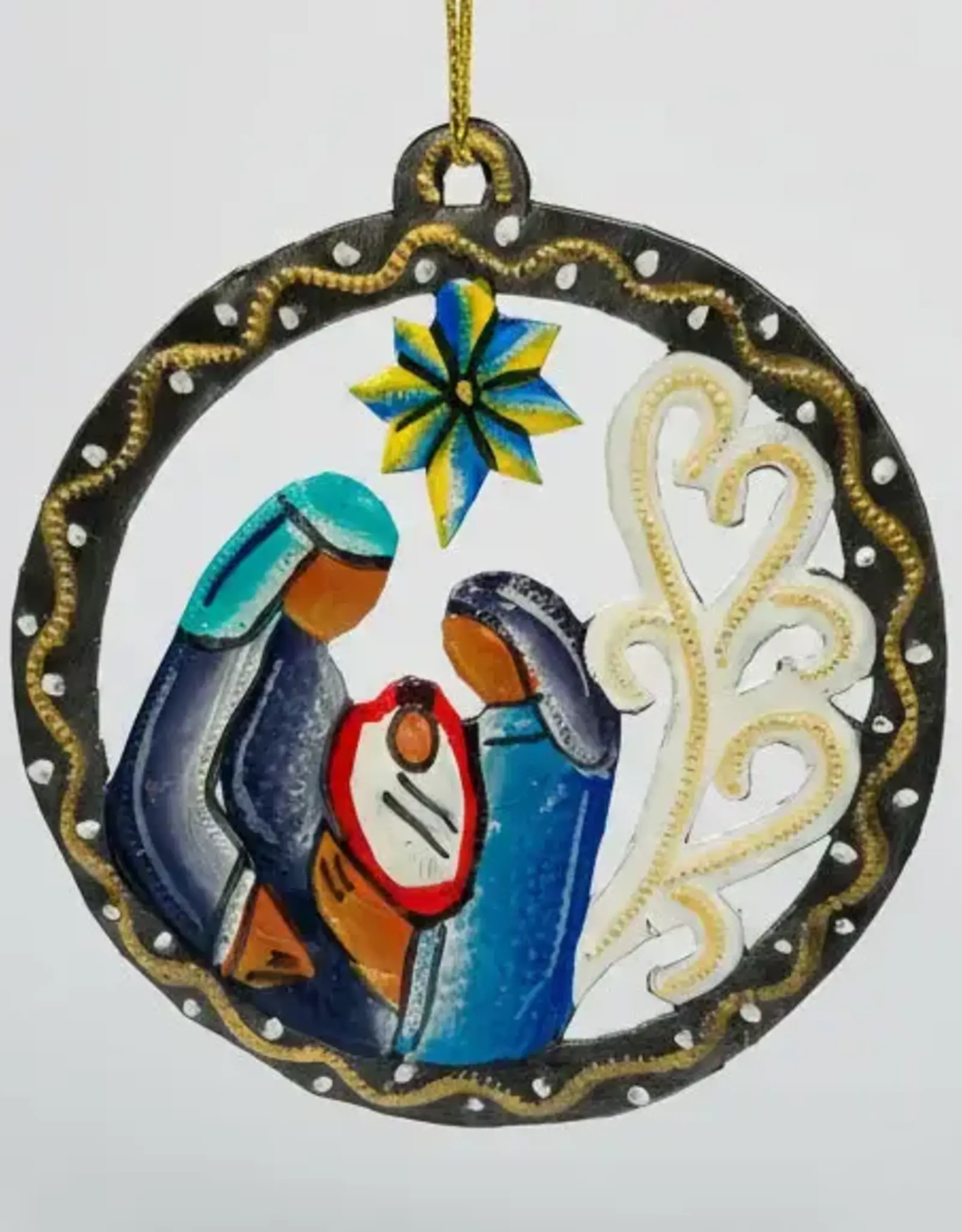 Haiti Ornament Metal Nativity in a Medallion Gold and Bronze - Haiti
