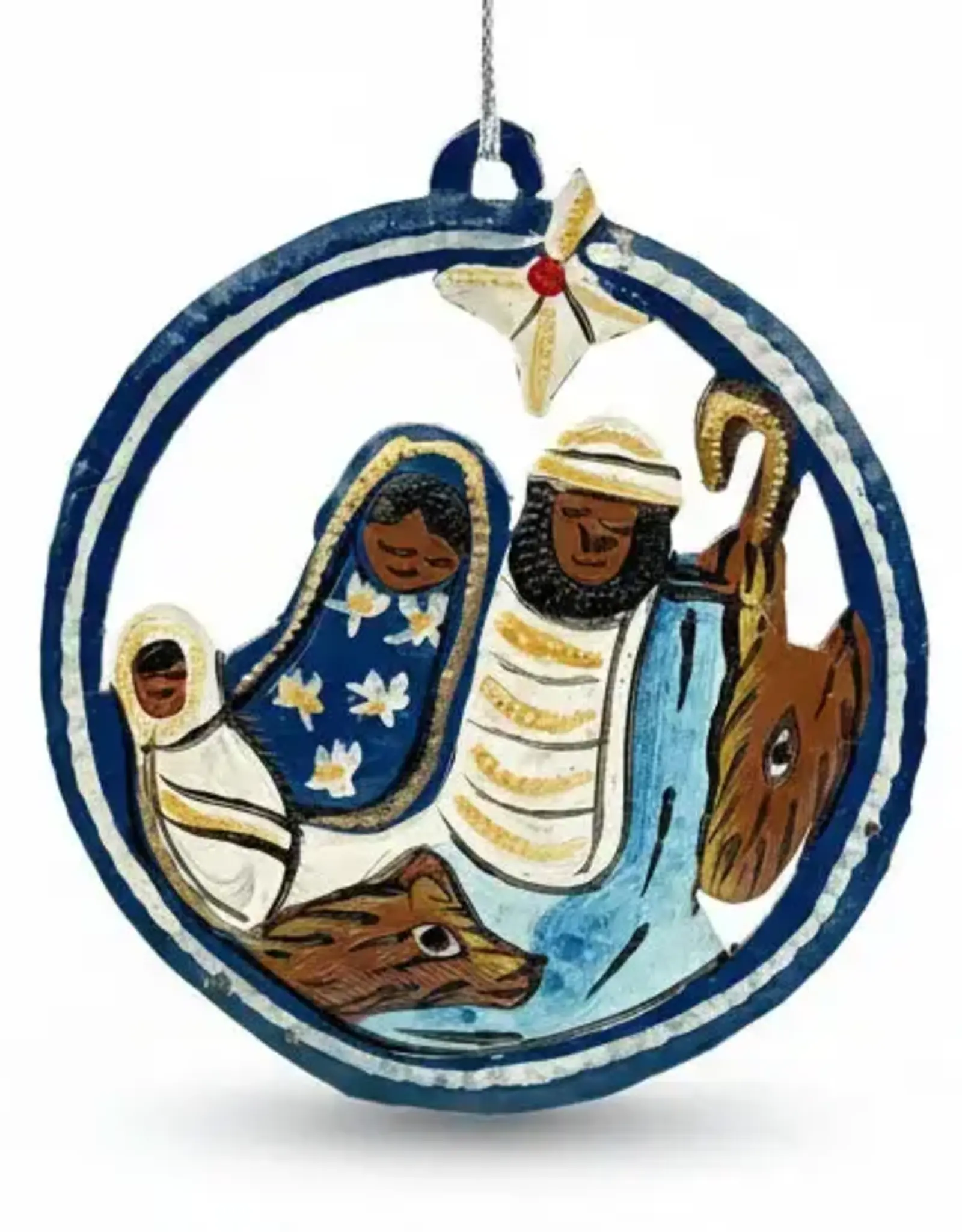 Haiti Ornament Metal Nativity in a Medallion Blue and Yellow - Haiti