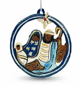 Haiti Ornament Metal Nativity in a Medallion Blue and Yellow - Haiti