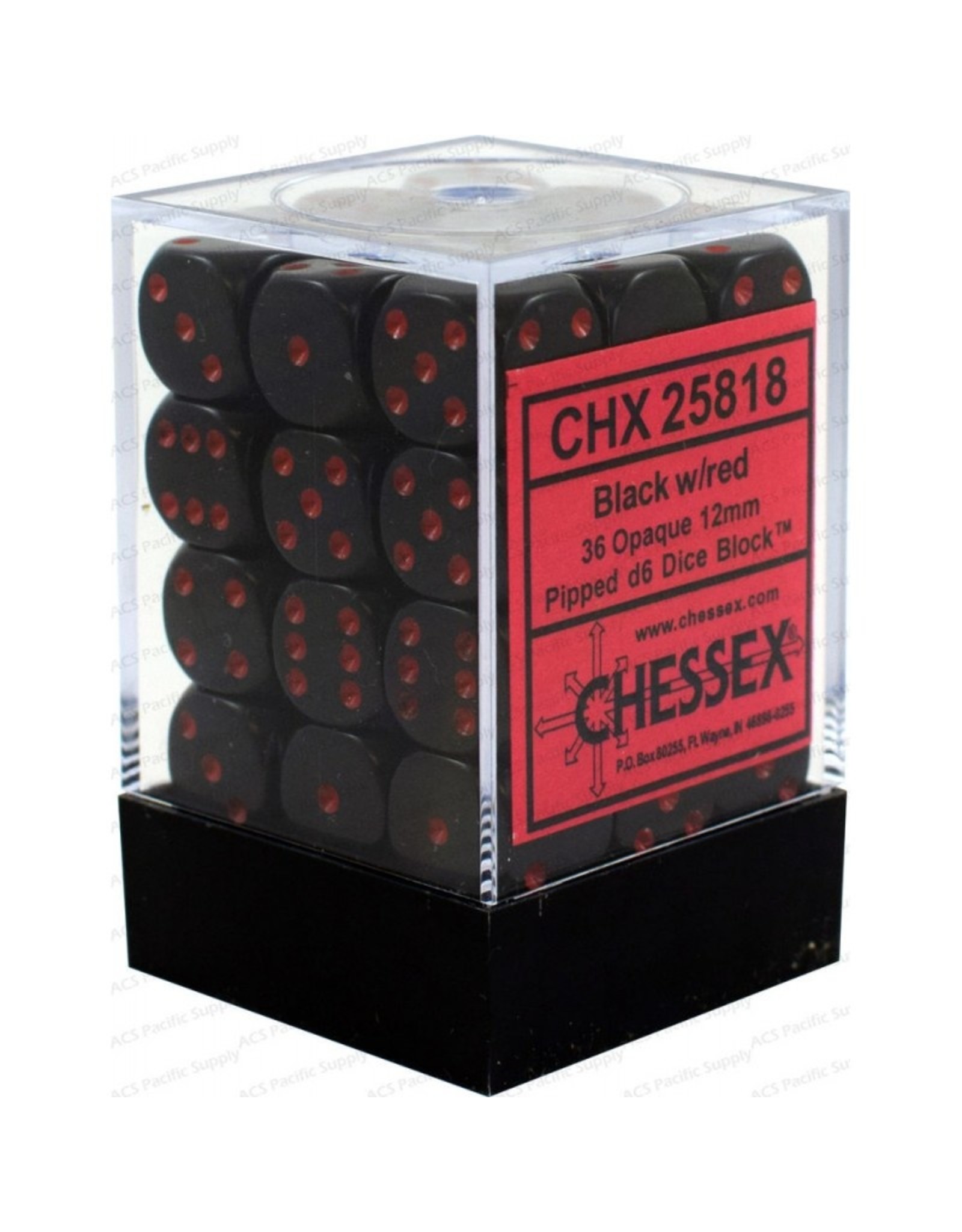 Chessex d6 Cube 12mm Opaque Black with Red (36)