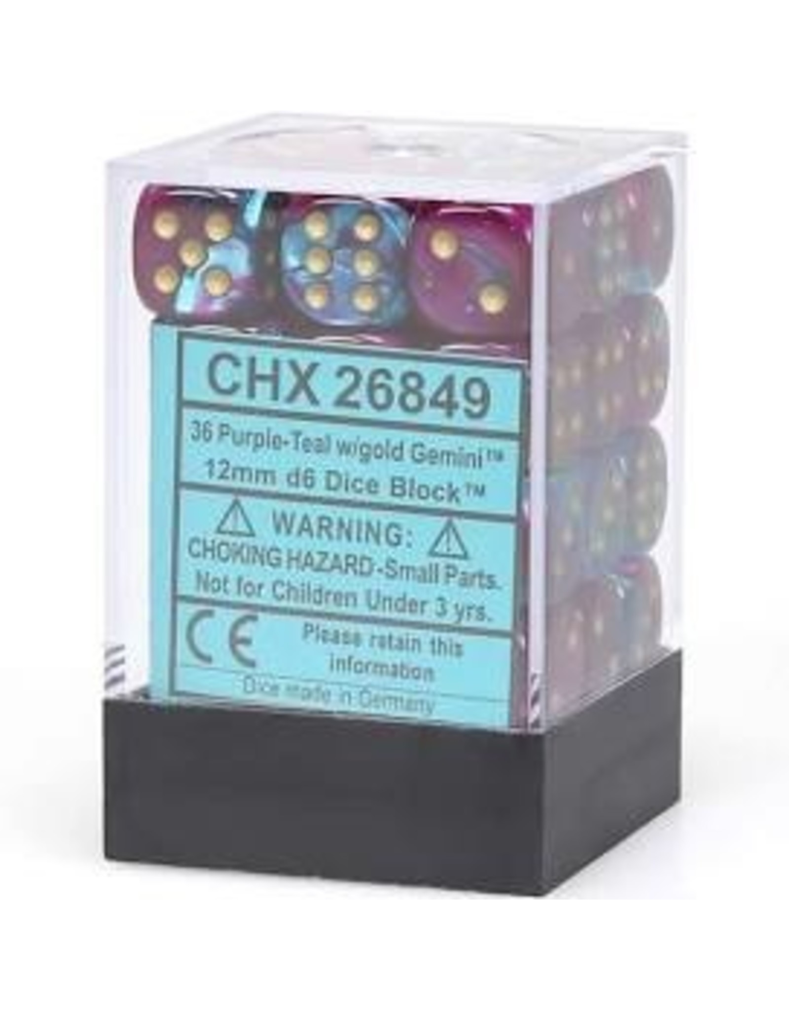 Chessex d6 Cube 12mm Gemini Purple and Teal with Gold (12)