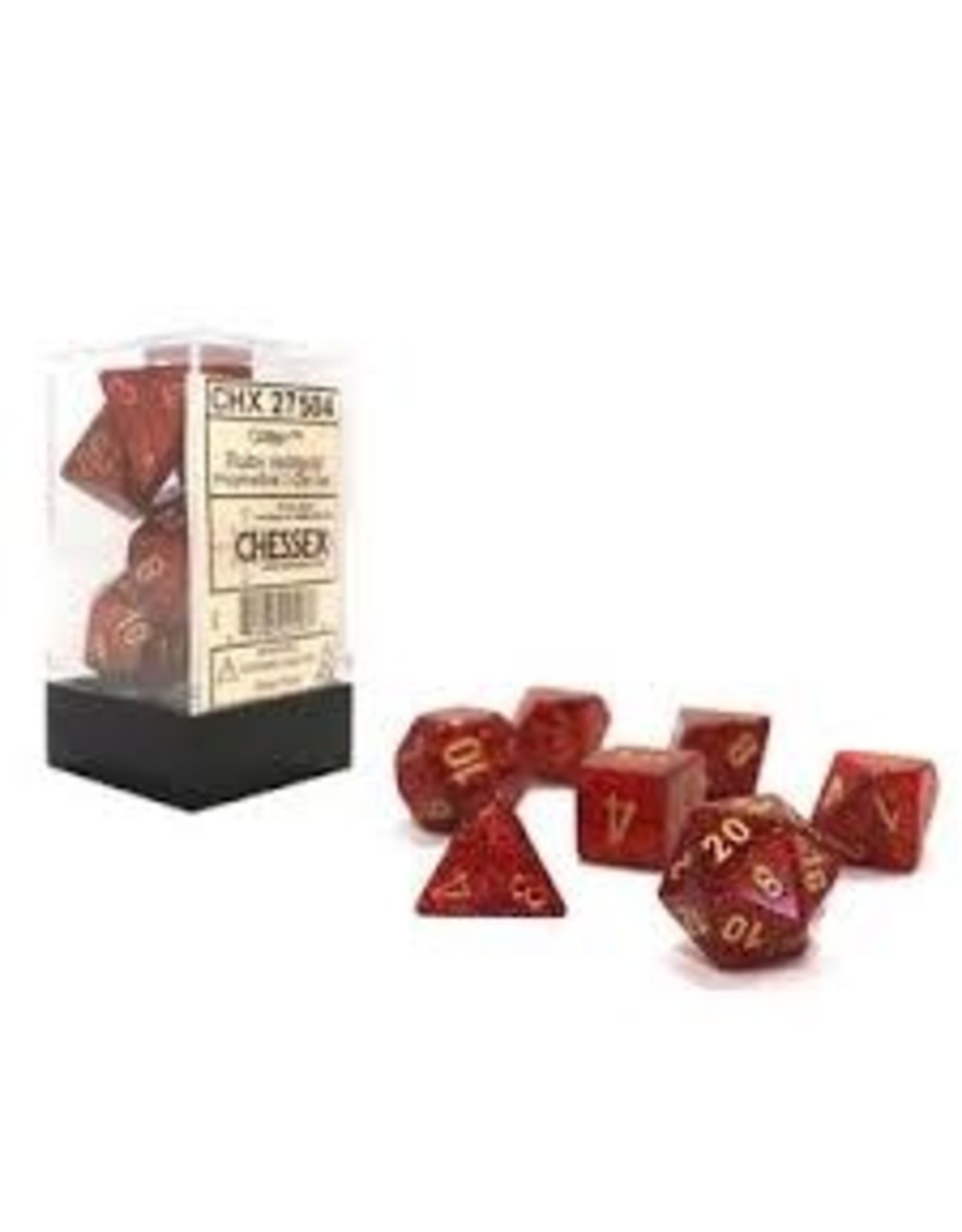 Chessex 7-Set Cube Glitter Ruby with Gold