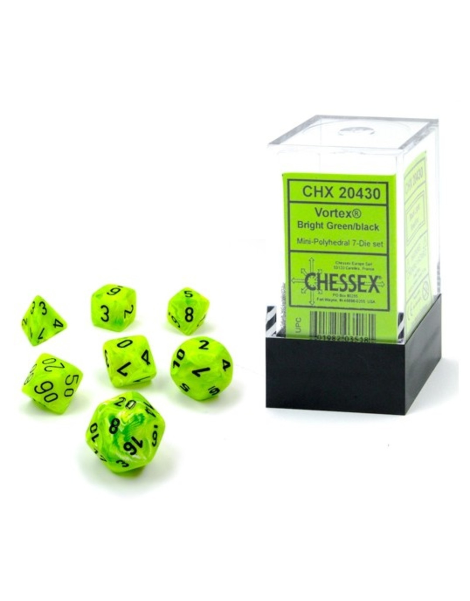 Chessex 7-set Cube Mini Vortex Bright Green with Black