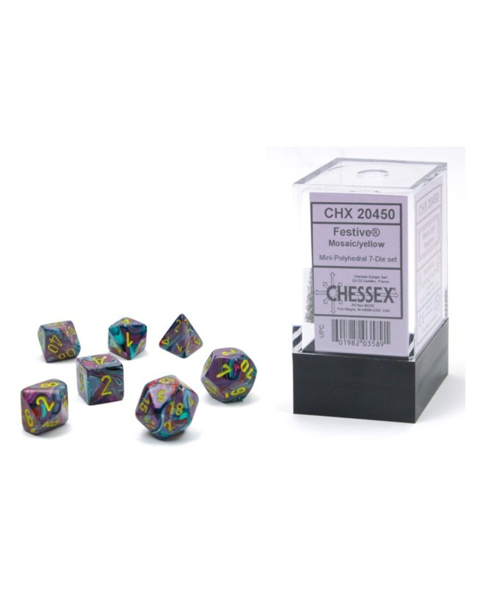 Chessex 7-set Cube Mini Festive Mosaic with Yellow