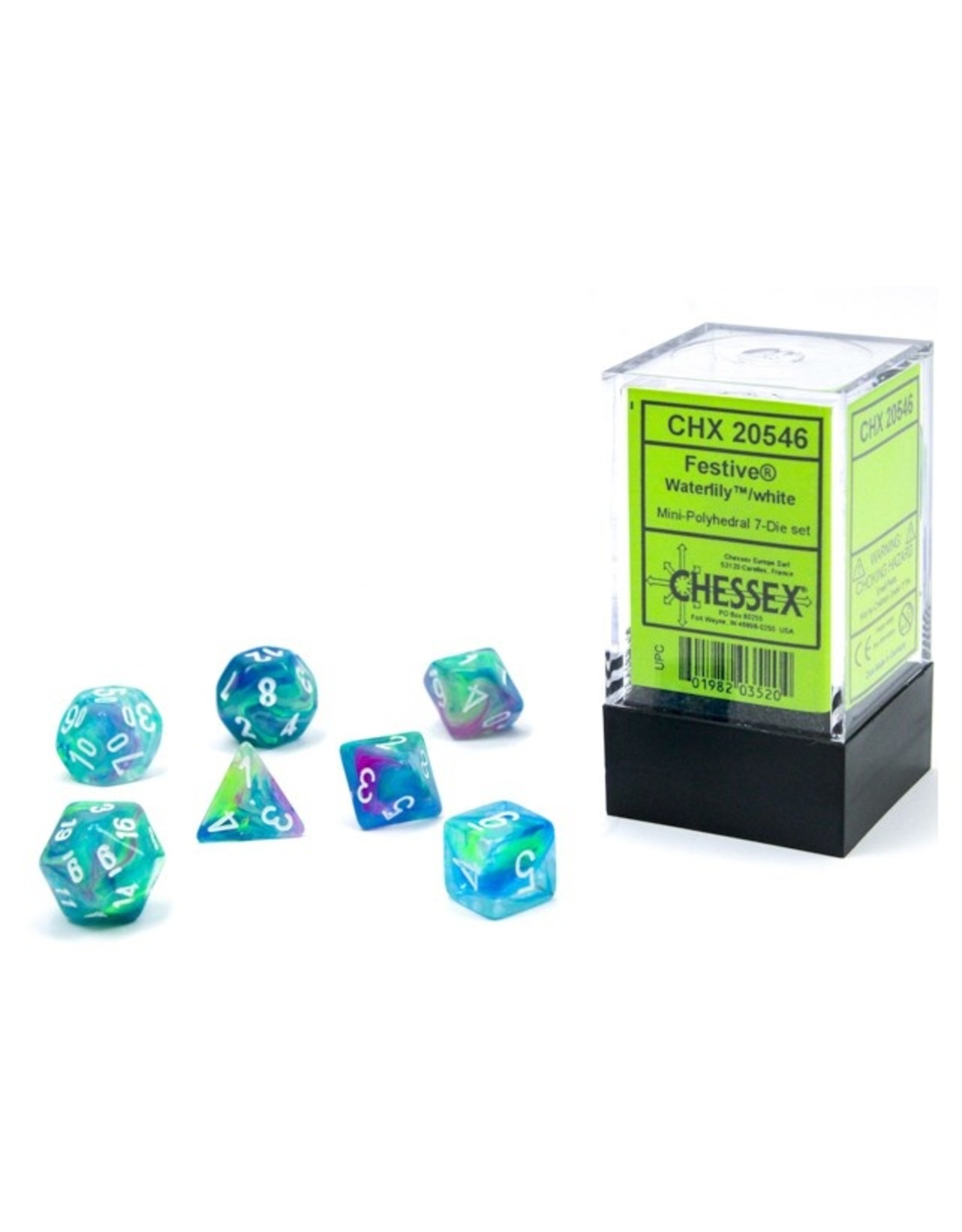 Chessex Festive: Mini-Polyhedral Waterlily/white 7-Die set