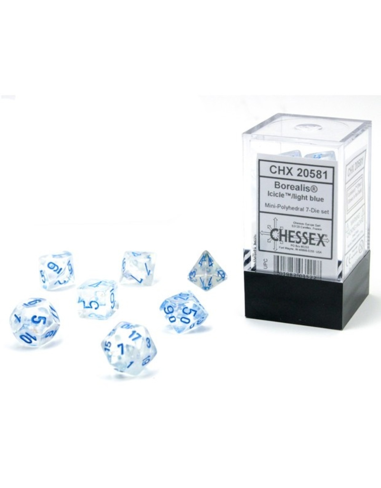 Chessex 7-Set Cube Mini Borealis Luminary Icicle with Light Blue