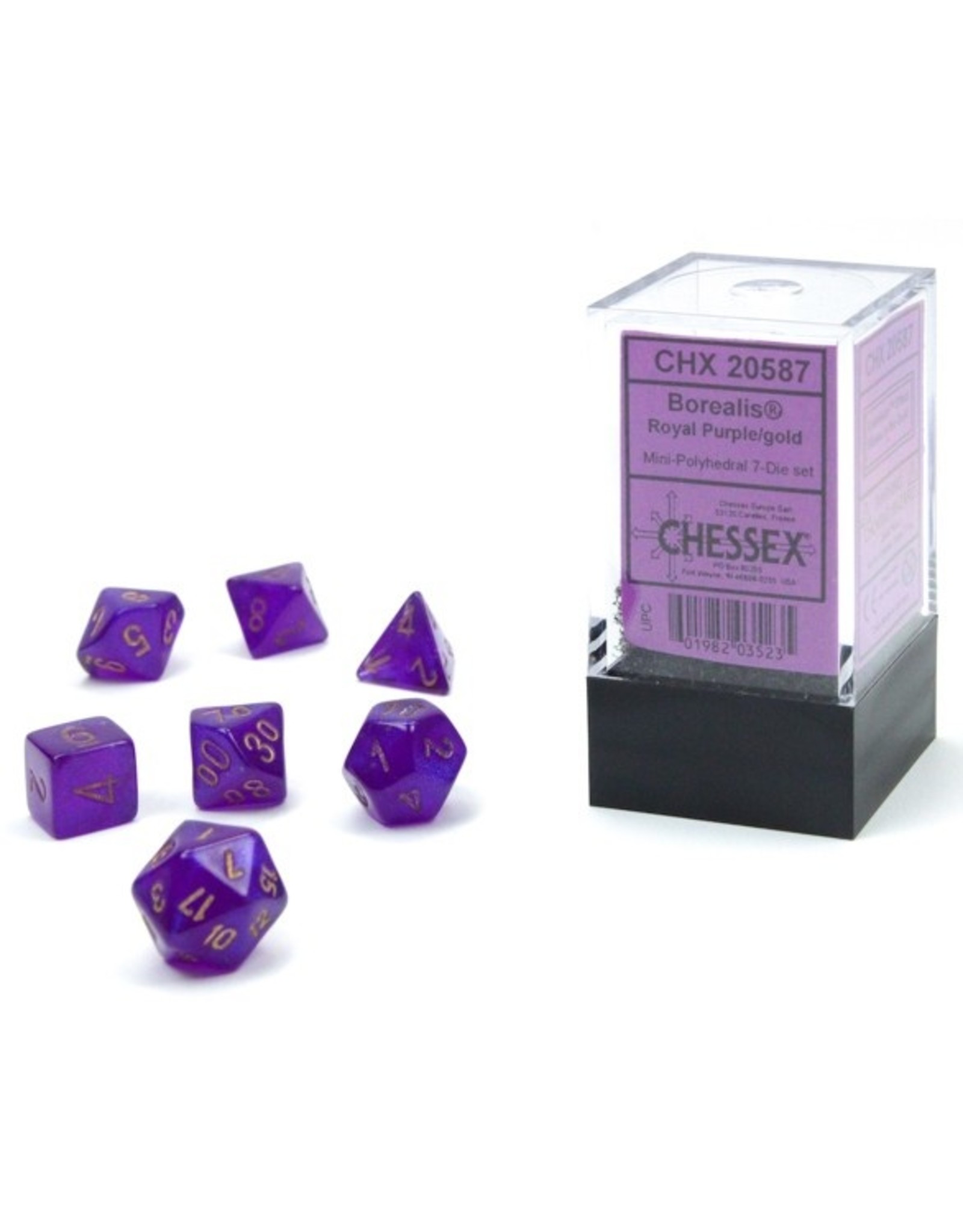 Chessex Borealis: Mini-Polyhedral Royal Purple/gold Luminary 7-Die Set