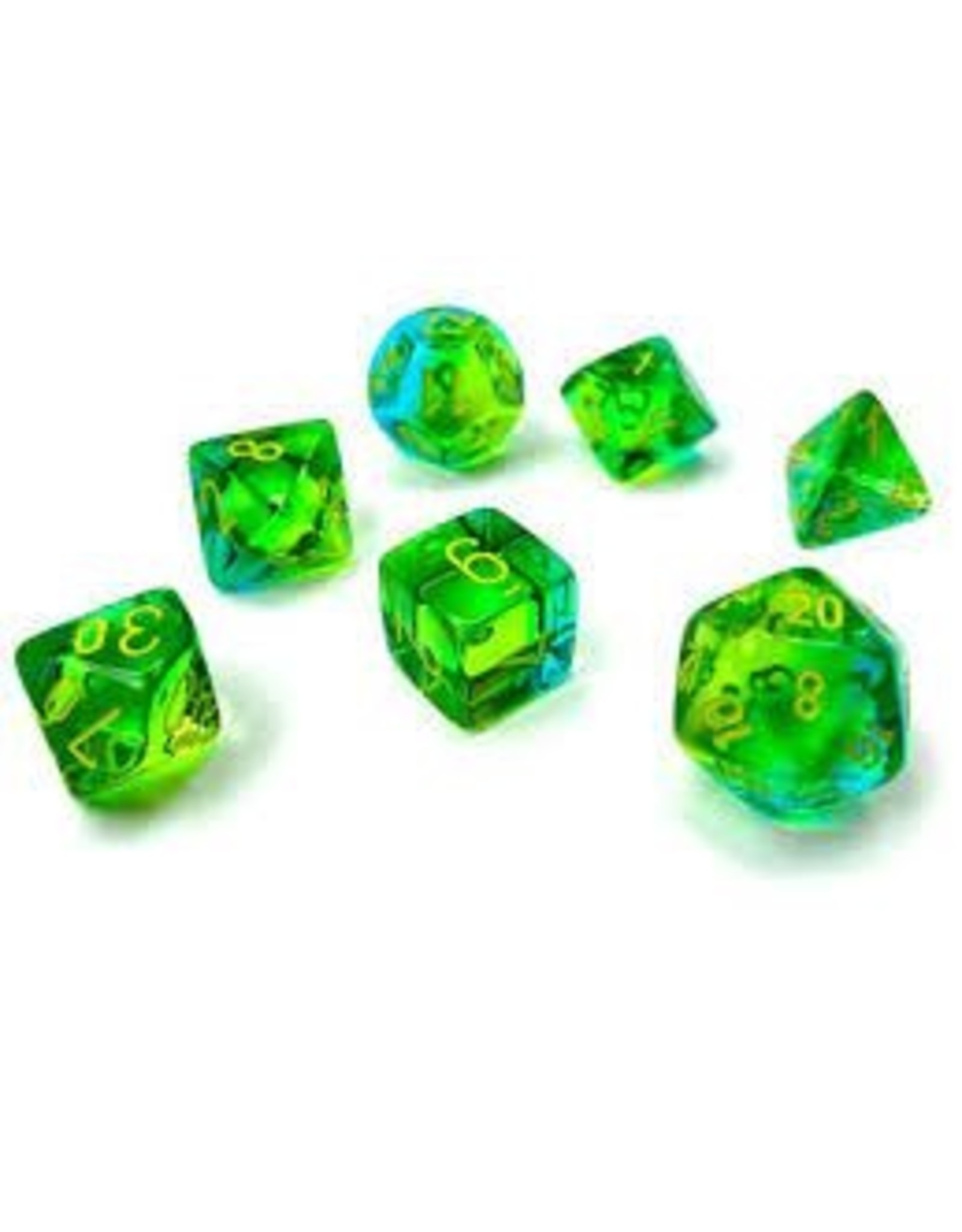 Chessex 7-Set Cube Gemini Translucent Green-Teal with Yellow