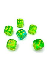 Chessex d6 Cube 16mm Gemini Translucent Green-Teal with yellow (12)