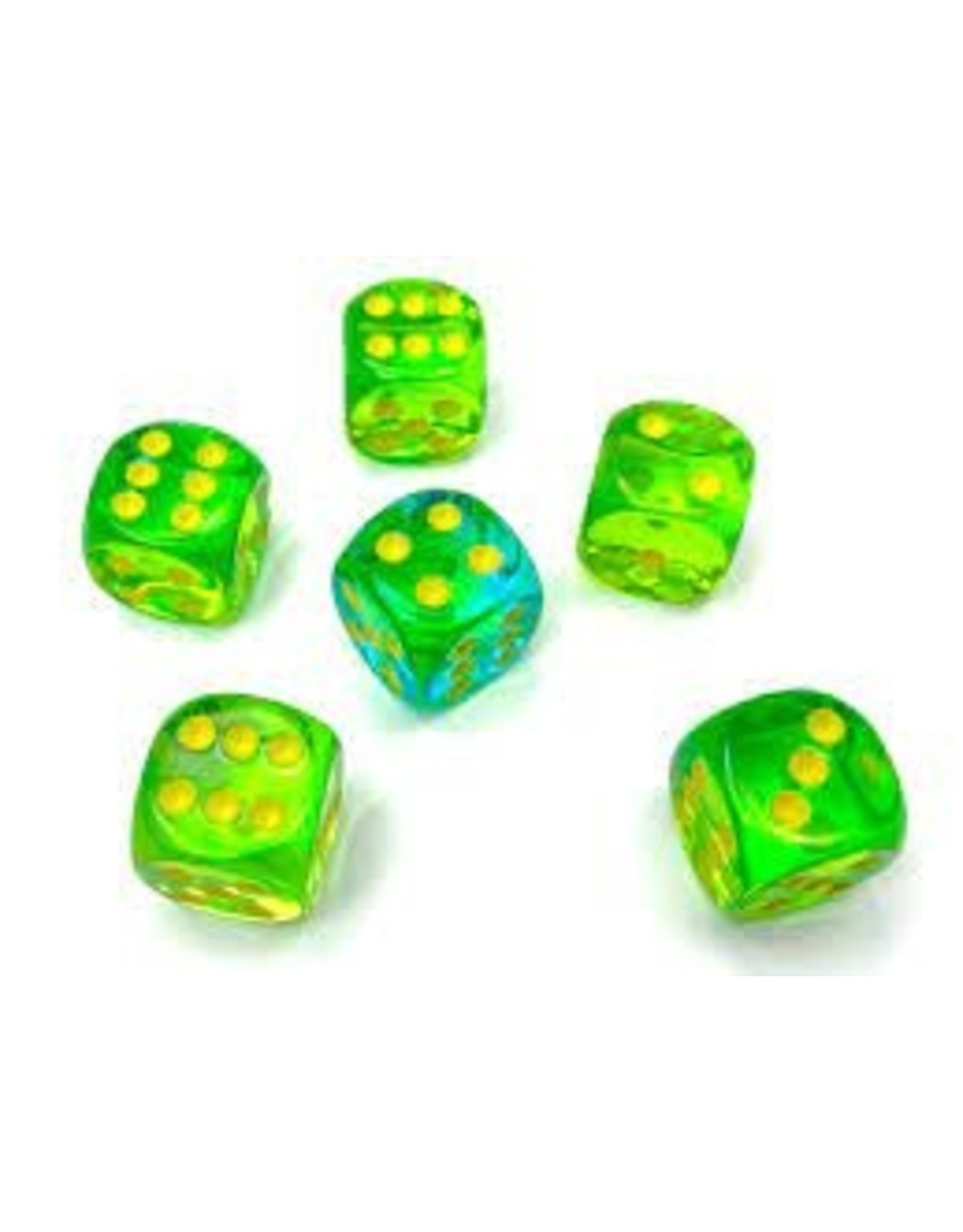 Chessex d6 Cube 16mm Gemini Translucent Green-Teal with yellow (12)