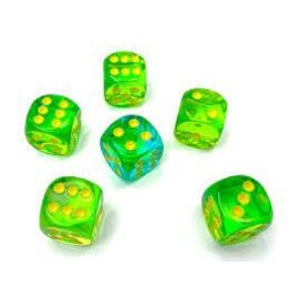 Chessex d6 Cube 16mm Gemini Translucent Green-Teal with yellow (12)