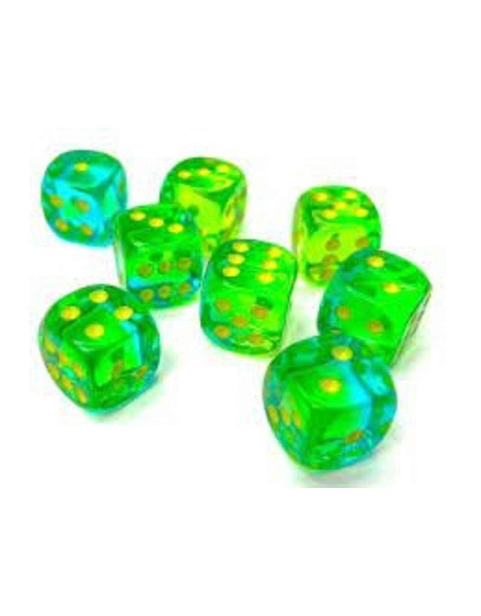 Chessex d6 Cube 12mm Gemini Translucent Green-Teal with Yellow (36)
