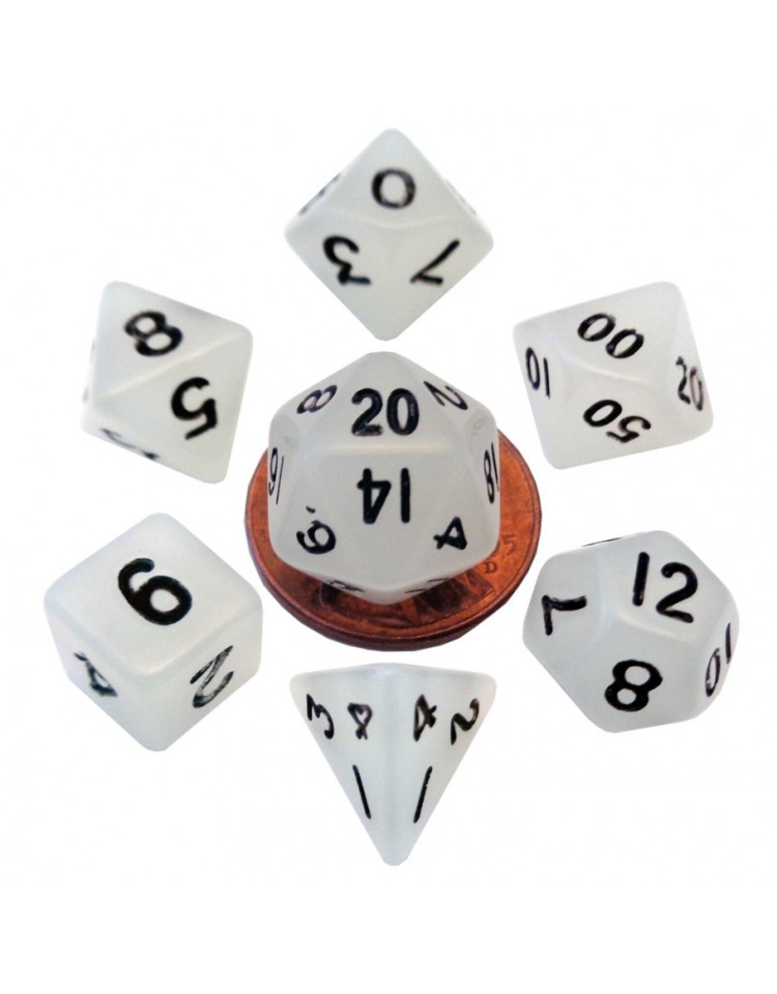 Metallic Dice Games Mini Polyhedral Dice Set: Glow Clear with Black Numbers