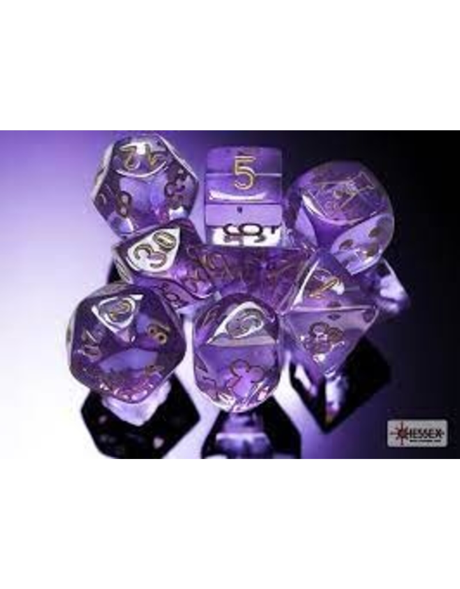 Chessex Lab Dice 7: Translucent Polyhedral Lavender/gold 7-Die Set (with bonus die)