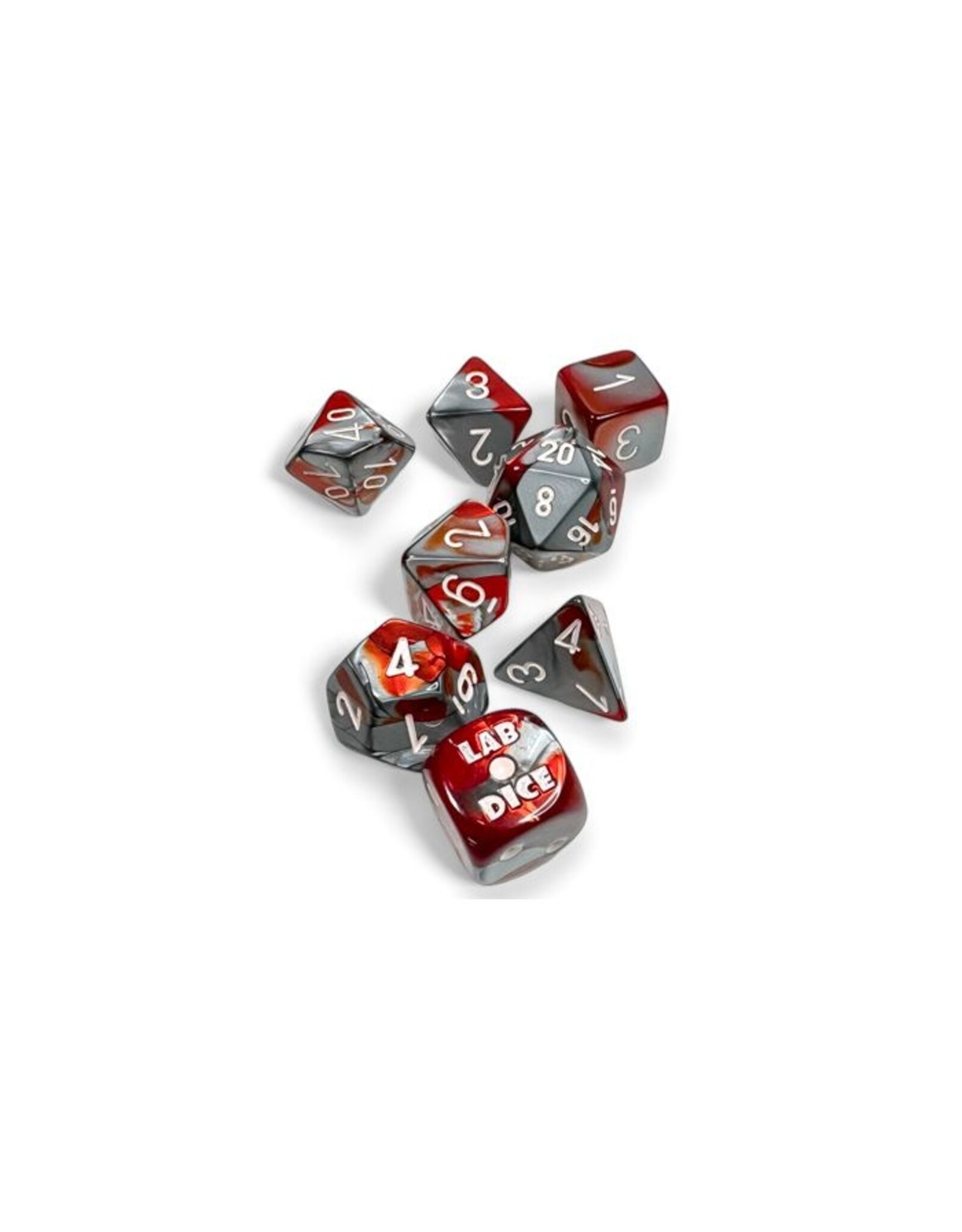 Chessex 7-set Tube Lab Dice: Gemini Red Steel/white