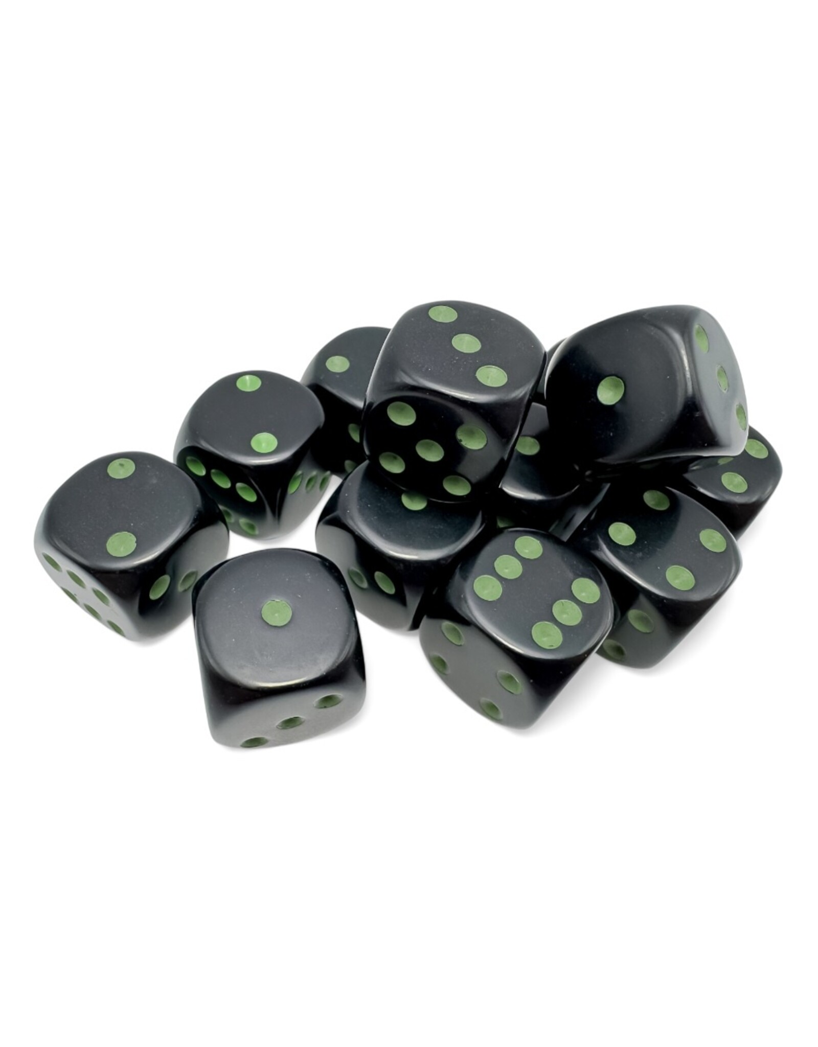 Chessex d6Cube 16mm Opaque Black with green (12)