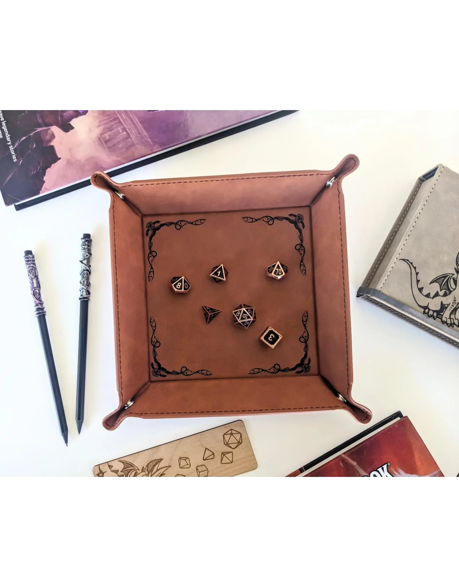 NTSD Gaming Faux Leather Dice Rolling Tray - Dragon Border