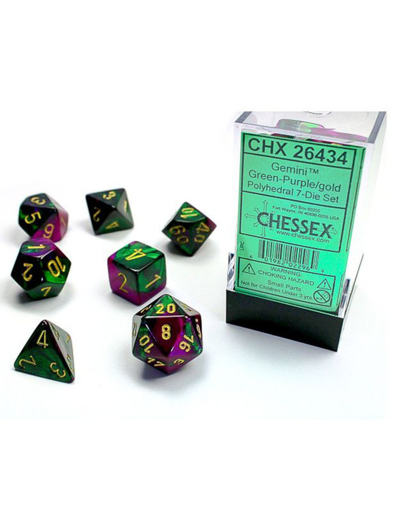 Chessex 7-Set Cube Gemini Green and Purple with Gold