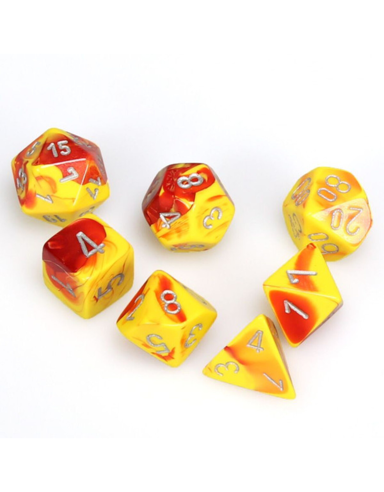 Chessex 7-Set Cube Gemini Red and Yellow with Silver