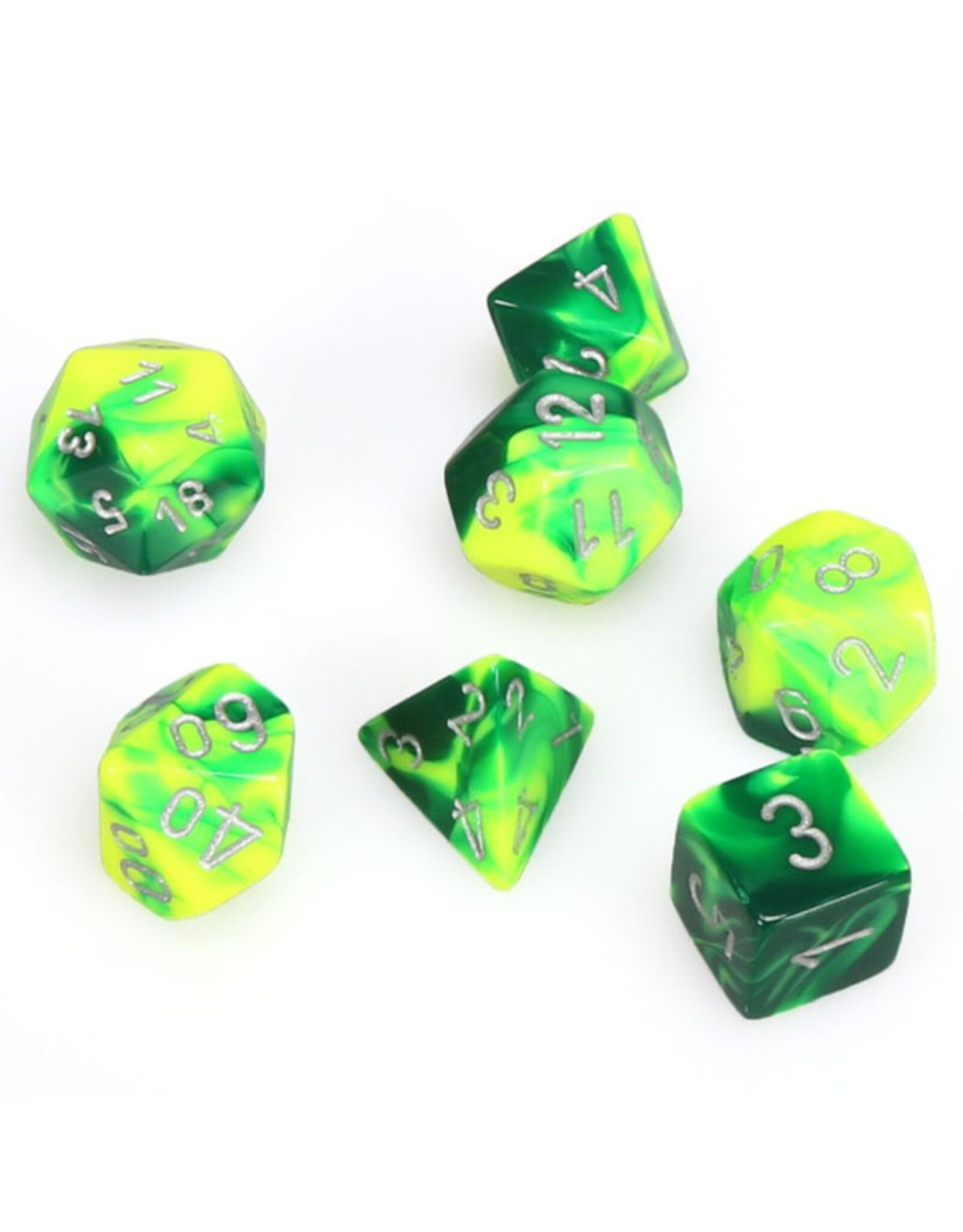 Chessex 7-Set Cube Gemini Green and Yellow with Silver