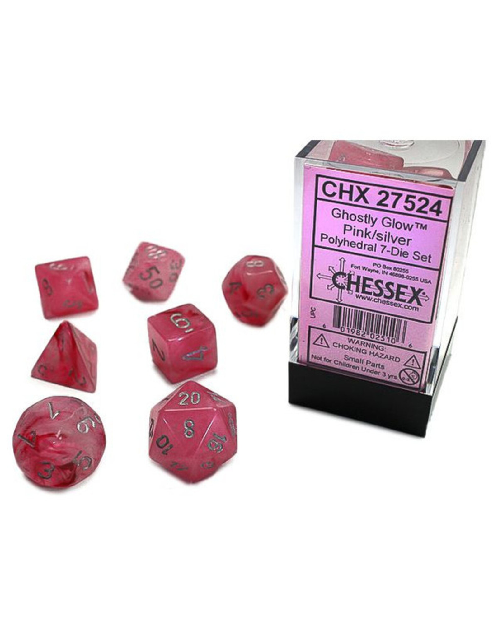Chessex 7-Set Cube Ghostly Glow Pink with Silver