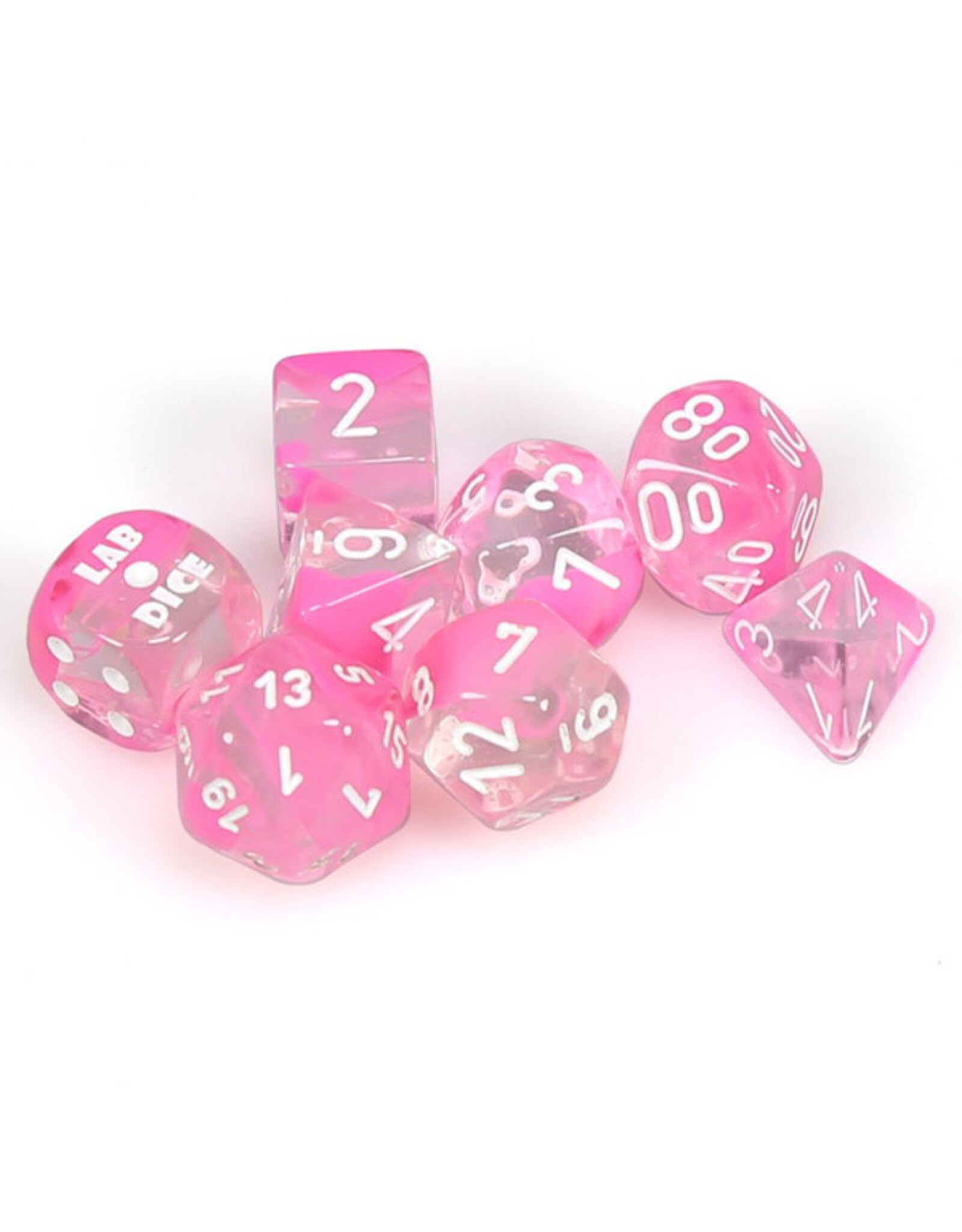 Chessex 7-Set Tube Lab Dice Gemini Luminary Clear Pink with White