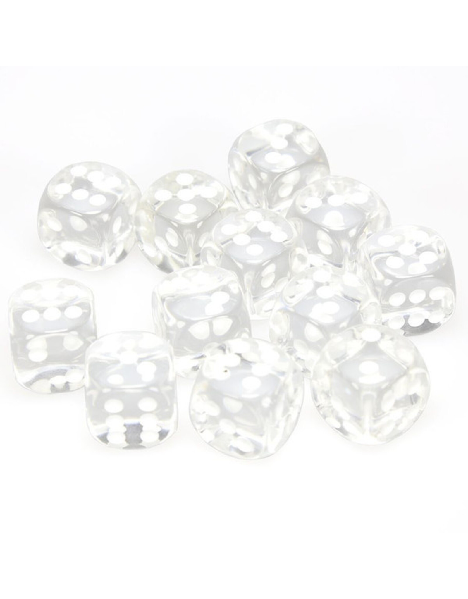 Chessex d6 Cube 16mm Translucent Clear with White (12)