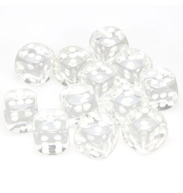 Chessex d6 Cube 16mm Translucent Clear with White (12)