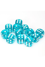 Chessex d6 Cube 16mm Translucent Teal with White (12)