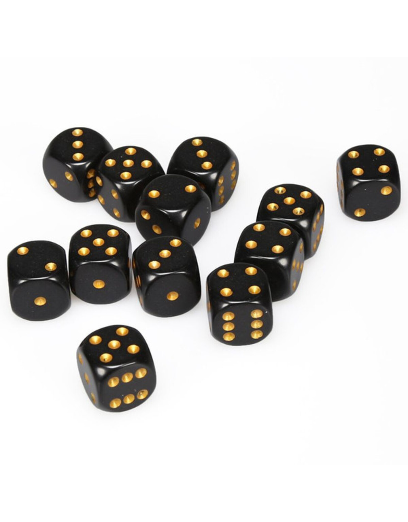 Chessex d6 Cube 16mm Opaque Black with Gold (12)