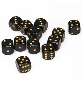 Chessex d6 Cube 16mm Opaque Black with Gold (12)