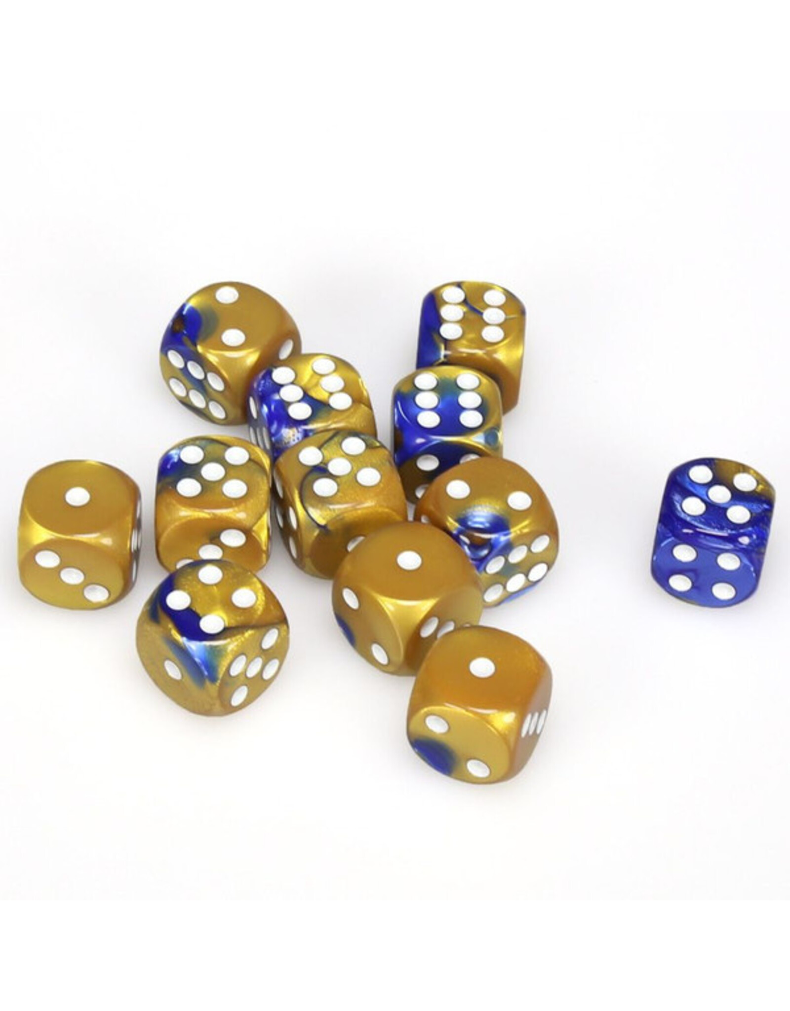 Chessex d6 Cube 16mm Gemini Blue and Gold with White (12)