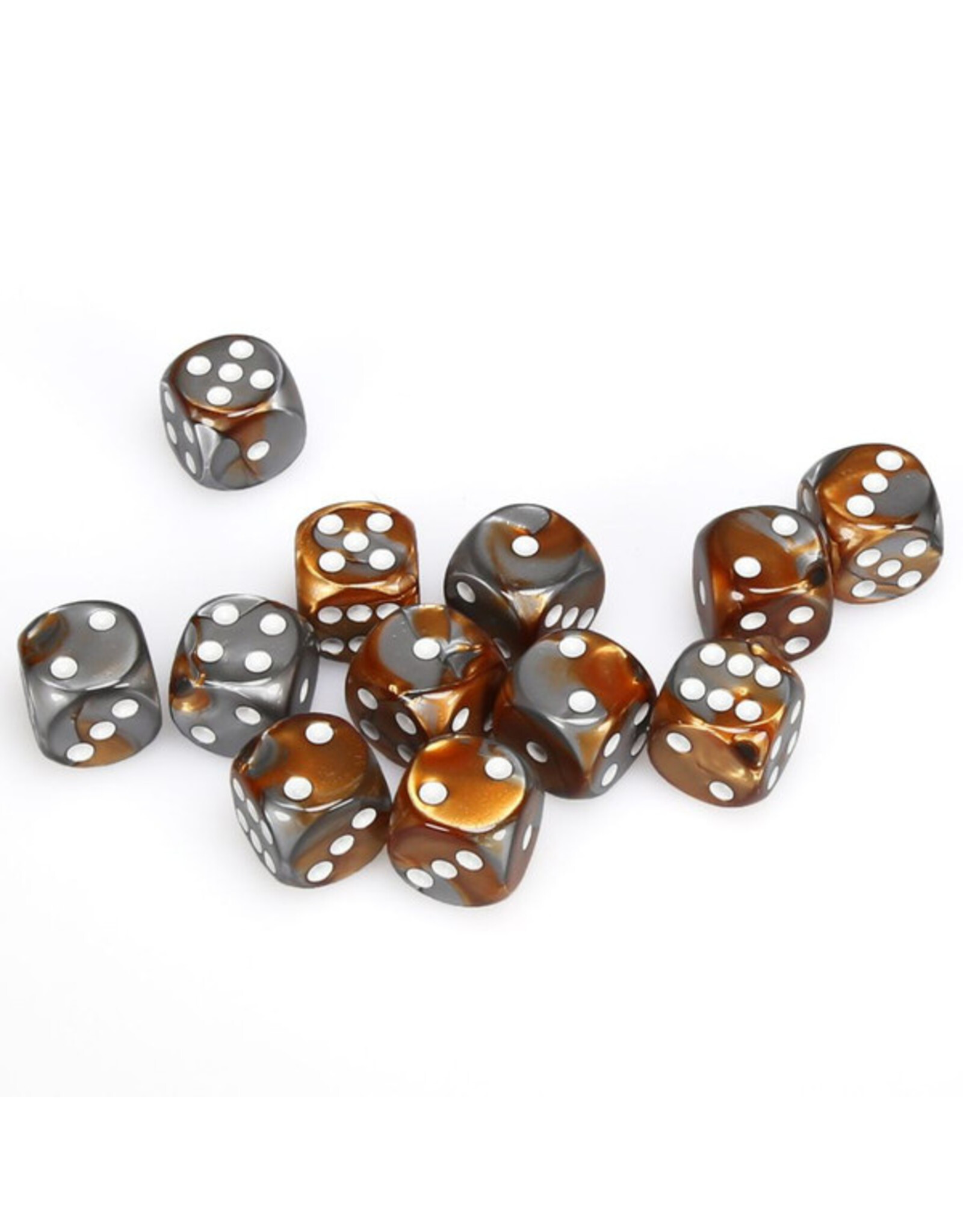 Chessex d6 Cube 16mm Gemini Copper and Steel with White (12)