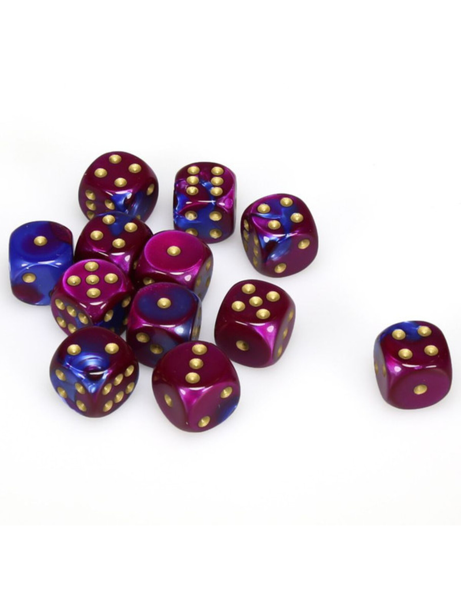 Chessex d6 Cube 16mm Gemini Blue and Purple with Gold (12)