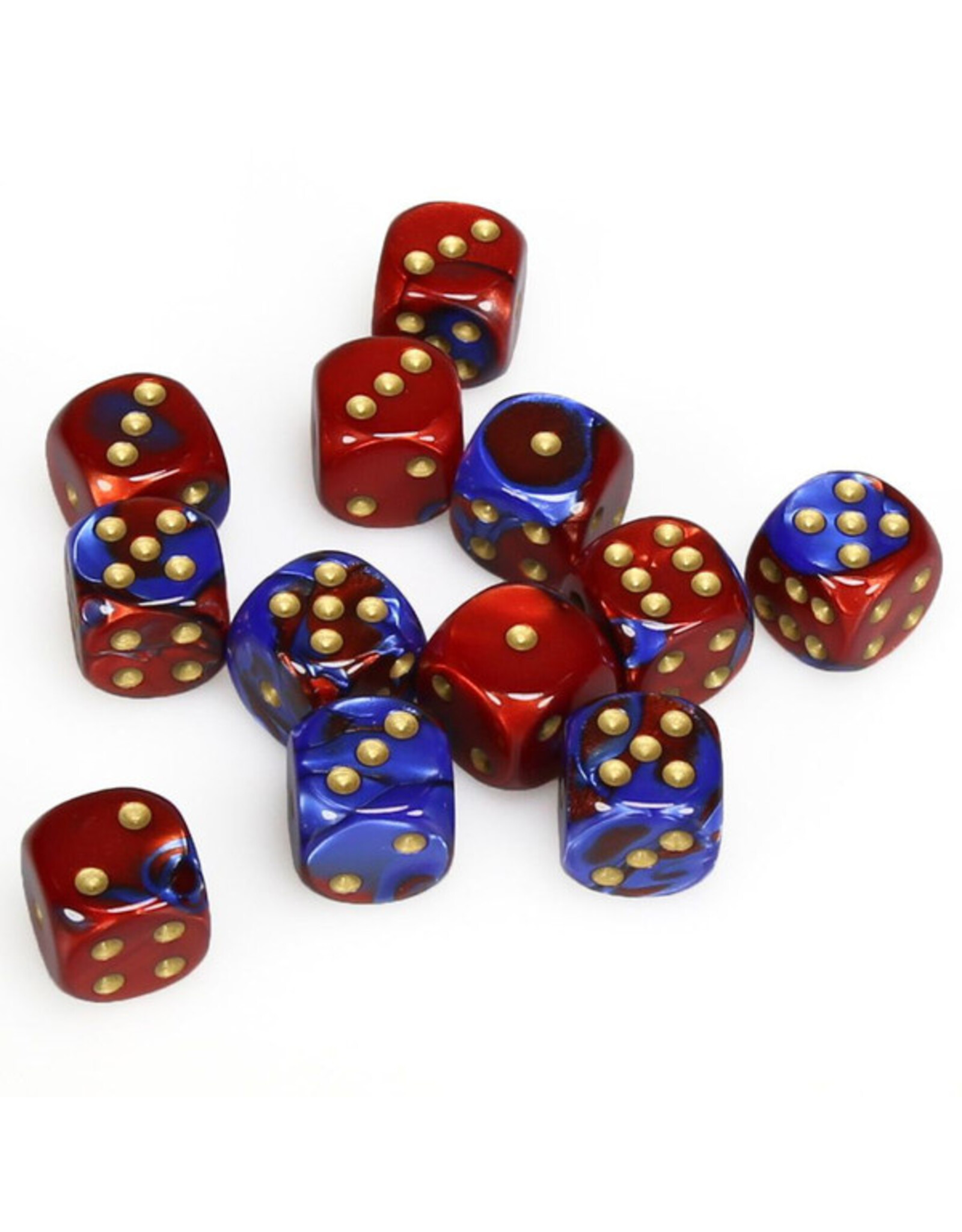 Chessex d6 Cube 16mm Gemini Blue and Red with Gold (12)