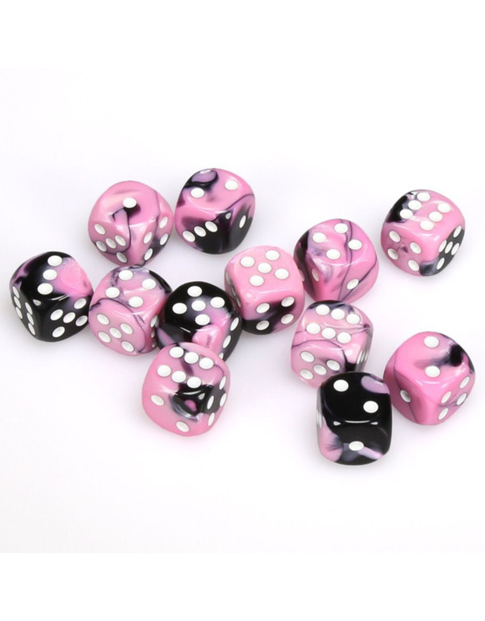 Chessex d6 Cube 16mm Gemini Black and Pink with White (12)