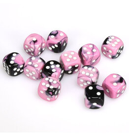 Chessex d6 Cube 16mm Gemini Black and Pink with White (12)