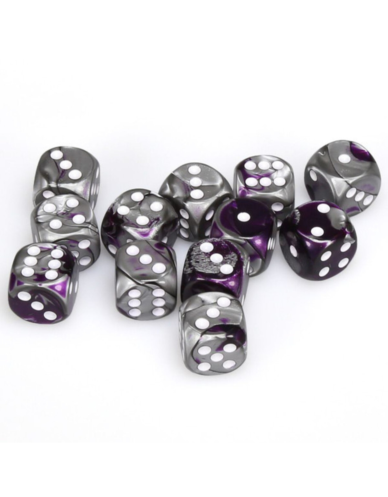 Chessex d6 Cube 16mm Gemini Purple and Steel with White (12)