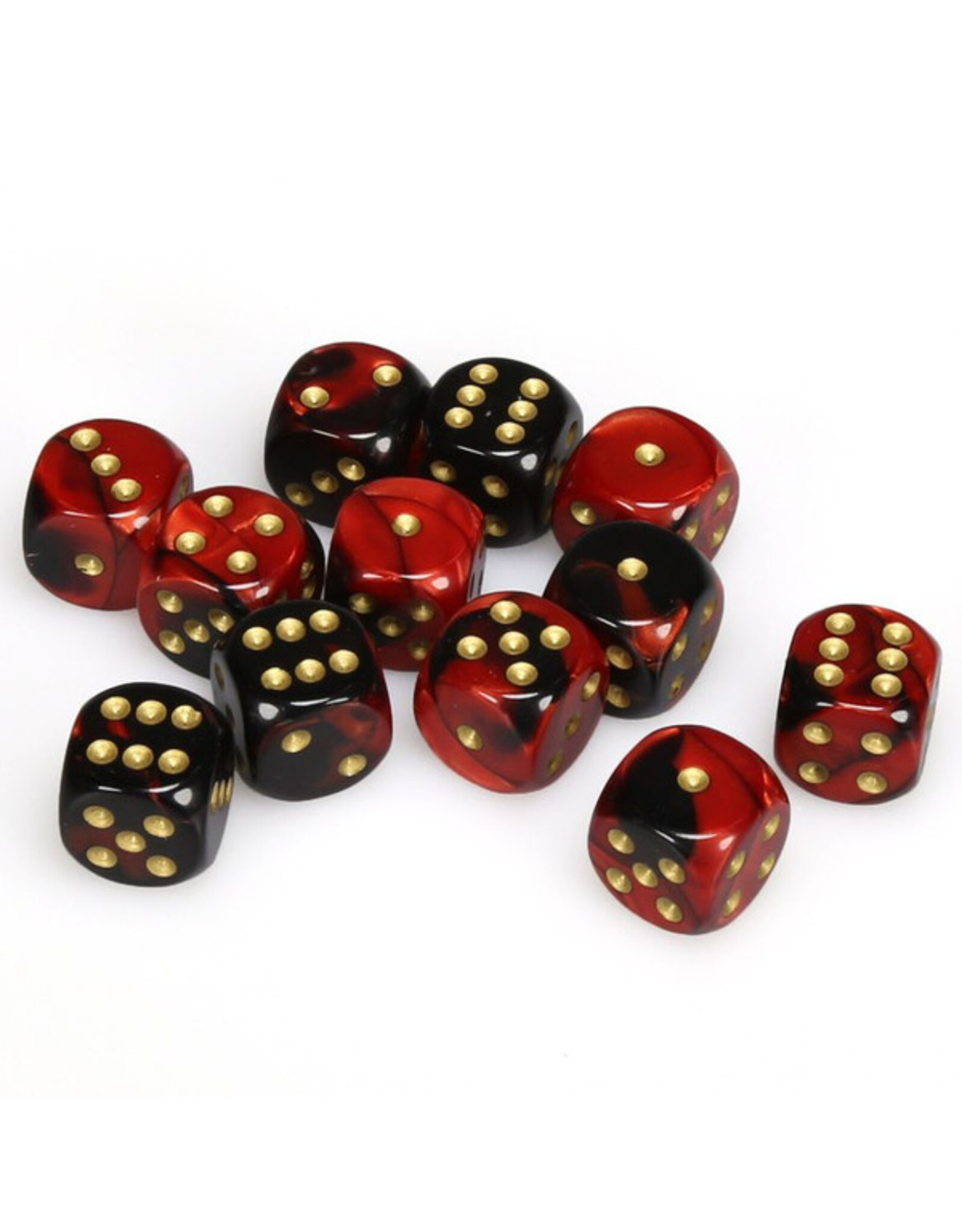 Chessex d6 Cube 16mm Gemini Black and Red with Gold (12)